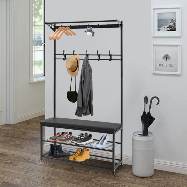 Eteiskaluste - Naulakko ja kenkäpenkki - Penkki 100 cm, 2 hyllyä, Istuinkorkeus 50 cm, Kantavuus 100 kg, Vapaasti seisova, Mitat 100×33×170 cm - Musta