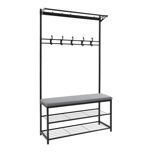 Entrémøbel - Garderobestativ & Skobænk - Fritstående - To Skohylder - Bænk 100 cm, Sædehøjde 50 cm - Max 100 kg - Mål 100×33×170 cm - Lysegrå
