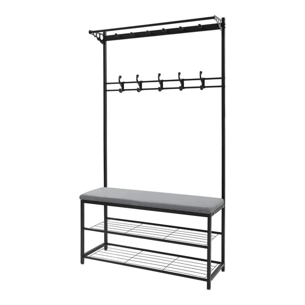 Eteiskaluste - Naulakko & Kenkäpenkki - Kaksi Kenkähyllyä - Penkki 100 cm, Istuinkorkeus 50 cm - Max 100 kg - Mitat 100×33×170 cm - Vaaleanharmaa