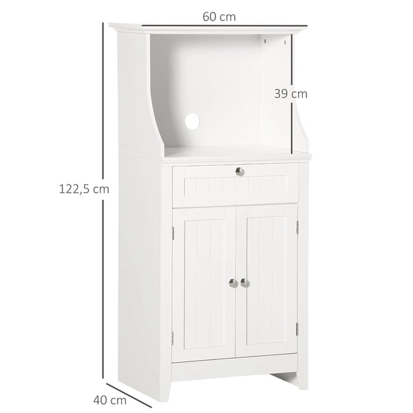 Mikrovågsugnsskåp - Köksskåp/Sideboard - Med låda och hylla - 2 dörrar - Vältskydd - 60 x 40 x 122,5 cm - Vit