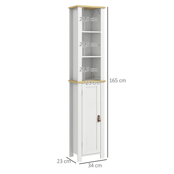 Badrumsskåp - Högskåp - 34×23×165 cm - Öppna hyllor & dörr - Justerbar hylla - Tippningsskydd - Montering krävs - Vit
