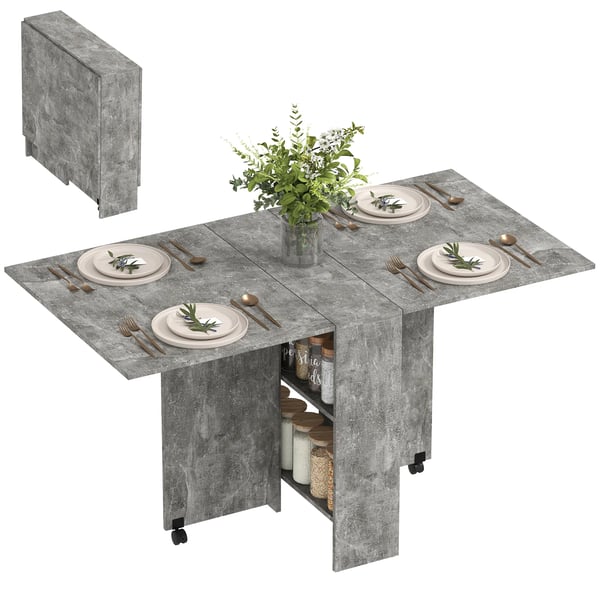 Köksbord - Fällbart matbord - Med hjul - Nedfällbara skivor x2 - Förvaringshyllor x2 - Rektangulär 75 x 140 x 74 cm - För 4 pers - Cementgrå