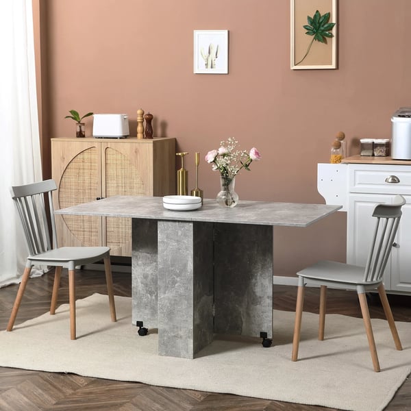 Köksbord - Fällbart matbord - Med hjul - Nedfällbara skivor x2 - Förvaringshyllor x2 - Rektangulär 75 x 140 x 74 cm - För 4 pers - Cementgrå
