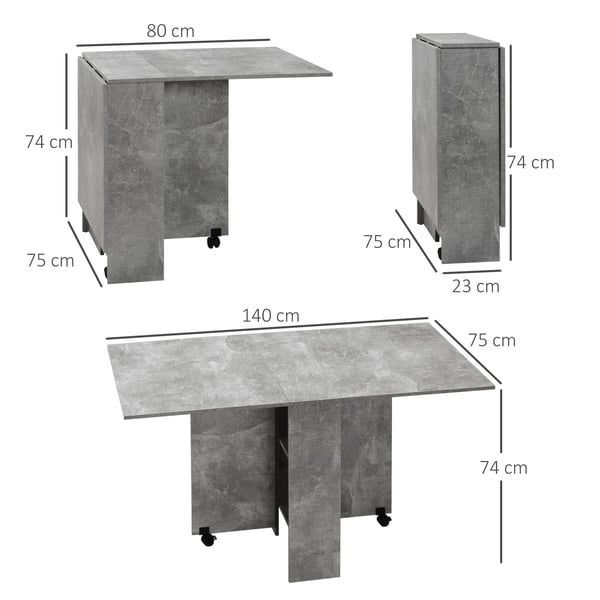Köksbord - Fällbart matbord - Med hjul - Nedfällbara skivor x2 - Förvaringshyllor x2 - Rektangulär 75 x 140 x 74 cm - För 4 pers - Cementgrå