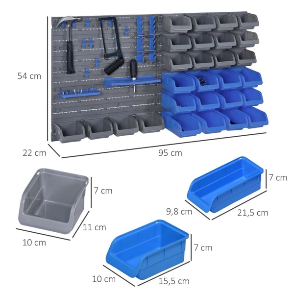 Verktygstavla - 44-delars set - 95 x 54 cm - 28 stapelbara lådor - Blandade krokar - Blå