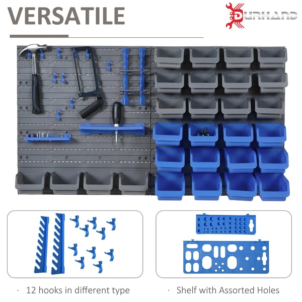 Verktygstavla - 44-delars set - 95 x 54 cm - 28 stapelbara lådor - Blandade krokar - Blå