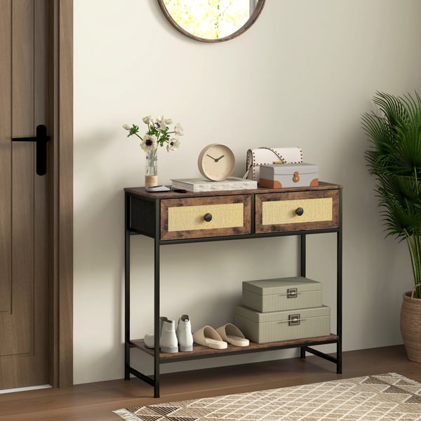 Konsolbord - Hallbord - Öppen Hylla - 2 Rattanlådor Framtill - 80×30×75 cm - Montering Krävs - Rustikbrun