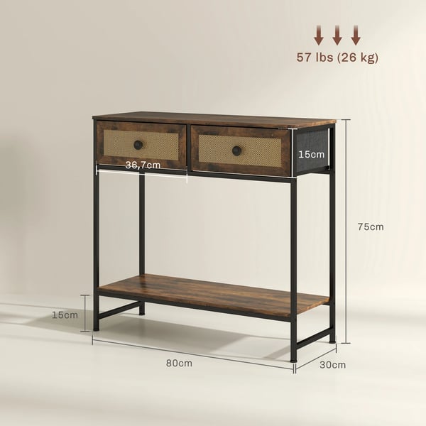 Konsolbord - Hallbord - Öppen Hylla - 2 Rattanlådor Framtill - 80×30×75 cm - Montering Krävs - Rustikbrun