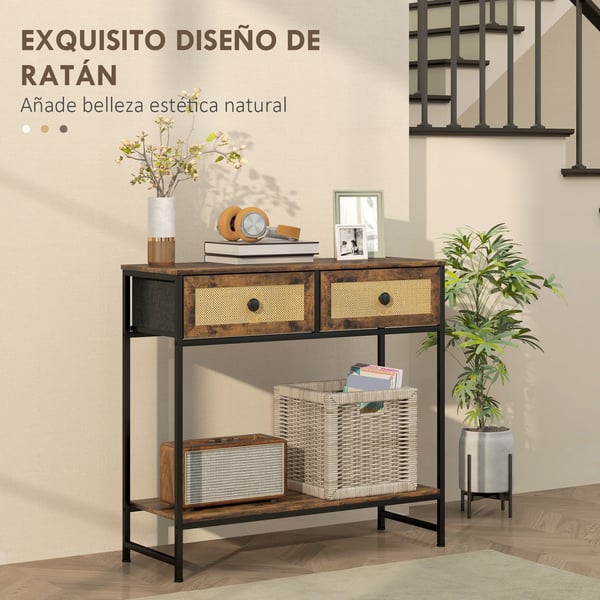Konsolbord - Hallbord - Öppen Hylla - 2 Rattanlådor Framtill - 80×30×75 cm - Montering Krävs - Rustikbrun