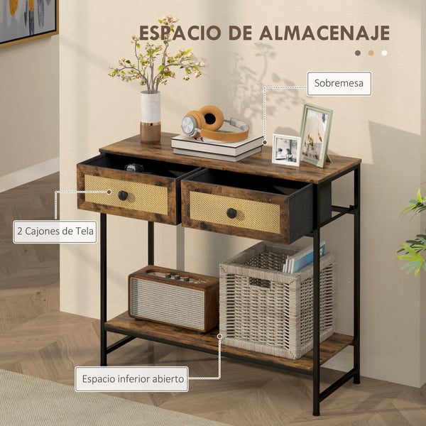 Konsolbord - Hallbord - Öppen Hylla - 2 Rattanlådor Framtill - 80×30×75 cm - Montering Krävs - Rustikbrun