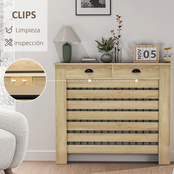 Elementskydd - Radiatorskydd i MDF - Med låda - Mått 111 x 19 x 95,5 cm - För vardagsrum - Ek