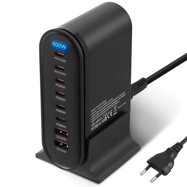 USB-C Hurtigoplader - GaN Ladestation med 8 porte - 500 W samlet effekt - Universal multiport - Intelligent opladning - Sort