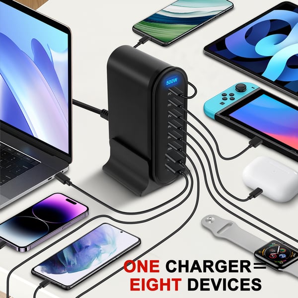 USB-C Pikalaturi - GaN Latausasema 8 porttia - 500 W kokonaisteho - Yleismallinen - Älykäs lataus - Musta
