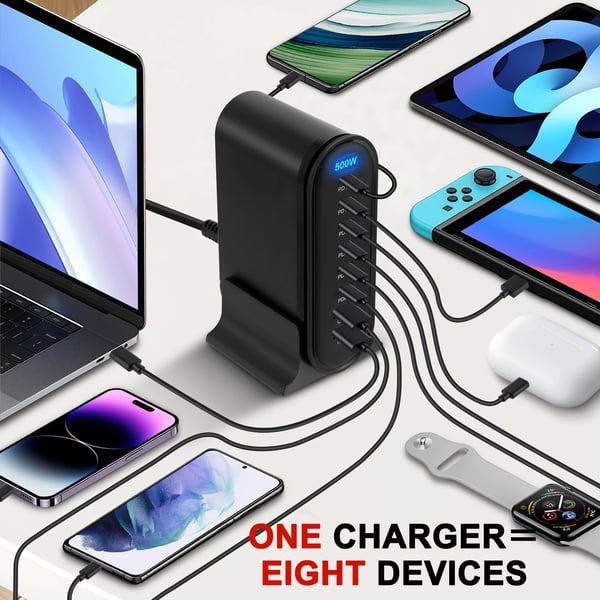 USB-C Pikalaturi - GaN Latausasema 8 porttia - 500 W kokonaisteho - Yleismallinen - Älykäs lataus - Musta