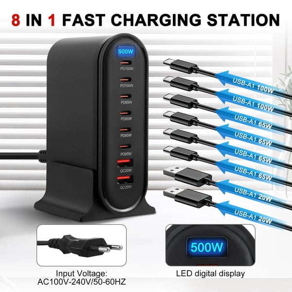 USB-C Pikalaturi - GaN Latausasema 8 porttia - 500 W kokonaisteho - Yleismallinen - Älykäs lataus - Musta