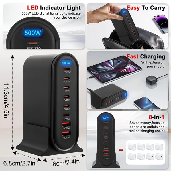 USB-C Pikalaturi - GaN Latausasema 8 porttia - 500 W kokonaisteho - Yleismallinen - Älykäs lataus - Musta