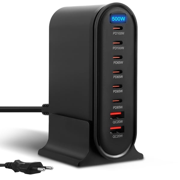 USB-C Pikalaturi - GaN Latausasema 8 porttia - 500 W kokonaisteho - Yleismallinen - Älykäs lataus - Musta