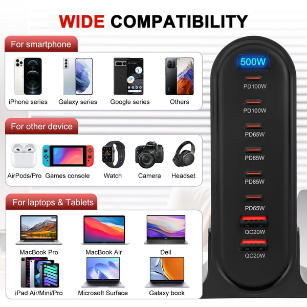 USB-C Pikalaturi - GaN Latausasema 8 porttia - 500 W kokonaisteho - Yleismallinen - Älykäs lataus - Musta
