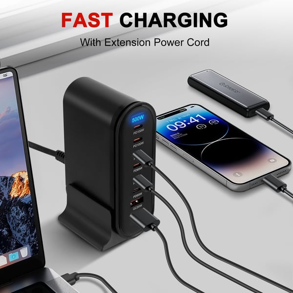 USB-C Pikalaturi - GaN Latausasema 8 porttia - 500 W kokonaisteho - Yleismallinen - Älykäs lataus - Musta