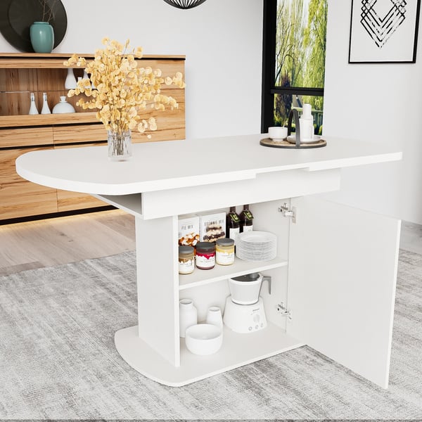 Spisebord - Ovalt udtrækkeligt - 110/130×70×75 cm - Til 2 personer - Spånplade - Minimalistisk moderne - Hvid/Guld