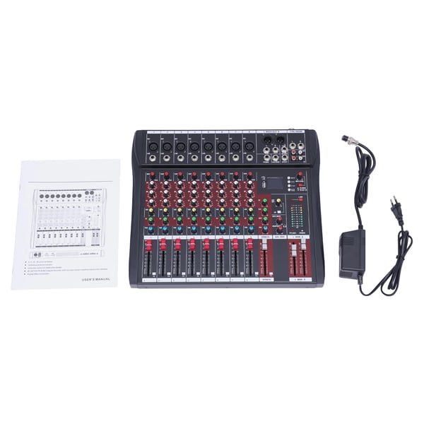 Äänimikseri - 8-kanavainen mikseripöytä - Bluetooth, USB, PC-tallennus, XLR-mikrofoniliitännät, EU-verkkolaite, AC-käyttö - Musta