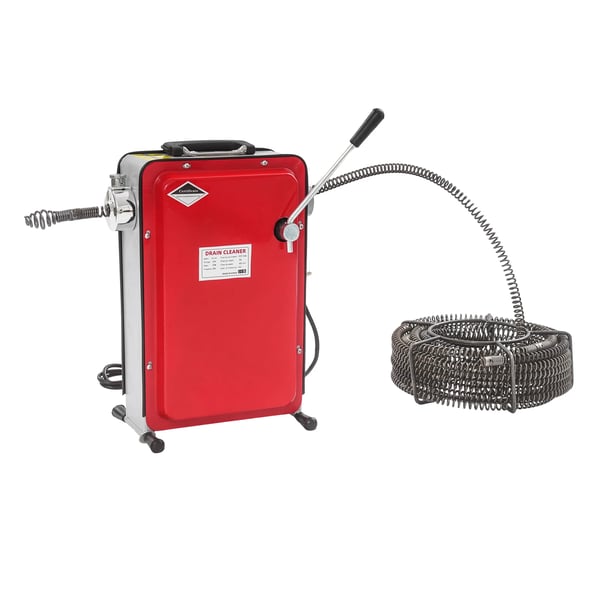 Elektrisk afløbsrenser - rør- og afløbsrensemaskine - 240 W - 60 Hz - 30 m renselængde - 22,5 m fjeder - til vask/bruser/gulvafløb - Rød/Grå