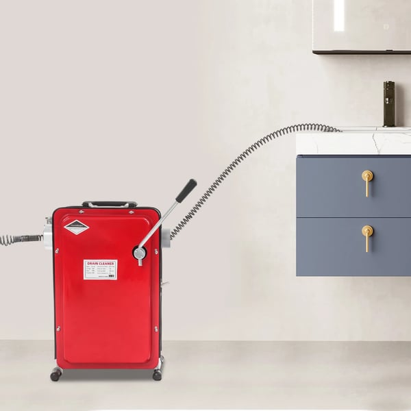 Elektrisk afløbsrenser - rør- og afløbsrensemaskine - 240 W - 60 Hz - 30 m renselængde - 22,5 m fjeder - til vask/bruser/gulvafløb - Rød/Grå