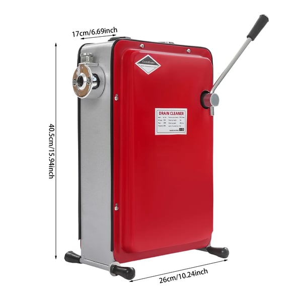 Elektrisk afløbsrenser - rør- og afløbsrensemaskine - 240 W - 60 Hz - 30 m renselængde - 22,5 m fjeder - til vask/bruser/gulvafløb - Rød/Grå
