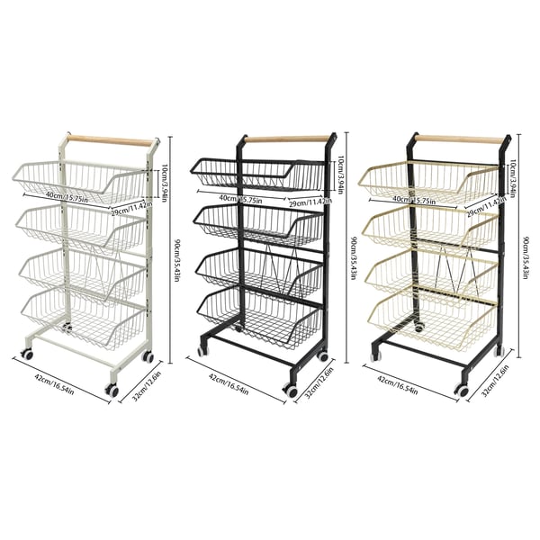 Køkkenvogn - 4-etagers kurvvogn - Med hjul - 10 kg pr. kurv - Kulstofstål & massivt træ - Kant 12 cm, hylde 12 mm - Sort