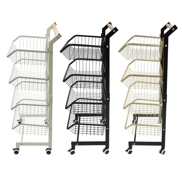 Køkkenvogn - 4-etagers kurvvogn - Med hjul - 10 kg pr. kurv - Kulstofstål & massivt træ - Kant 12 cm, hylde 12 mm - Sort