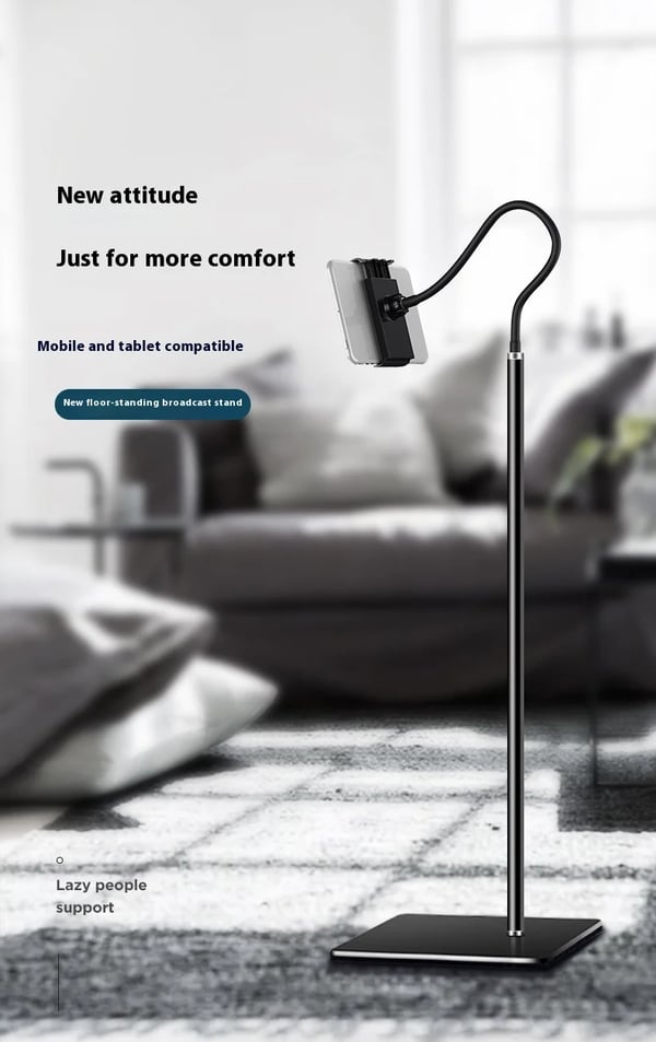 Universellt Golvstativ för Mobil & Surfplatta - Teleskopisk Hållare - Flexibel Svanhalsarm - Höjd 55–100 cm - Stabil Metallbas - Svart