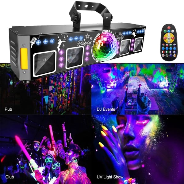 5-i-1 Partylys - DJ Disco Scenelys - 120 lysmønstre - LED PAR - Magisk kugle - UV sortlys - Guld-stroboskop - EU-stik 100V AC