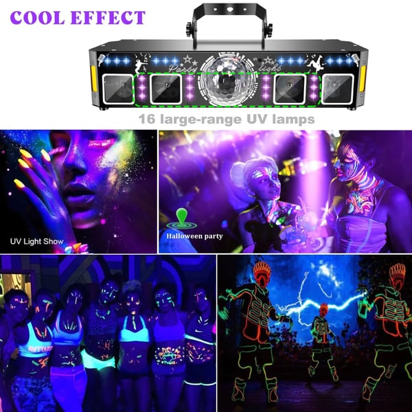 5-i-1 Partylys - DJ Disco Scenelys - 120 lysmønstre - LED PAR - Magisk kugle - UV sortlys - Guld-stroboskop - EU-stik 100V AC