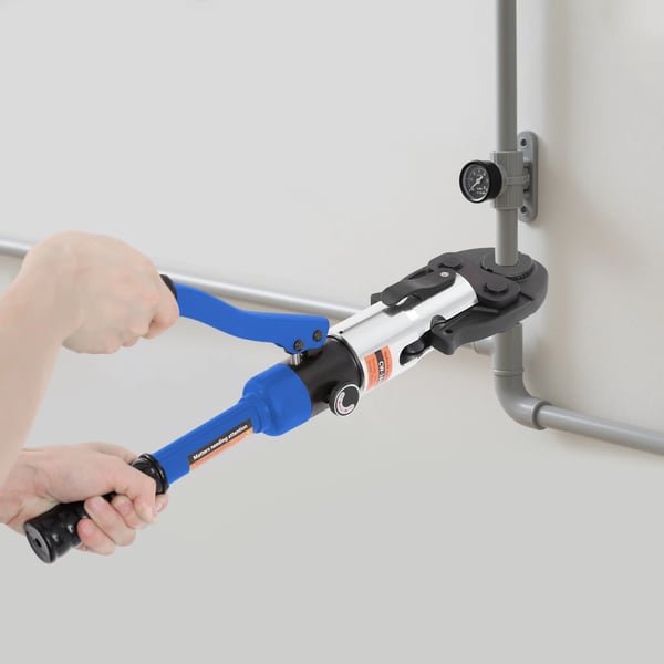 Hydrauliset puristuspihdit - Puristustyökalu - U-leuat 16, 20, 25, 32 mm - 360° kääntyvä pää - Kantolaukulla - Vaaleansininen