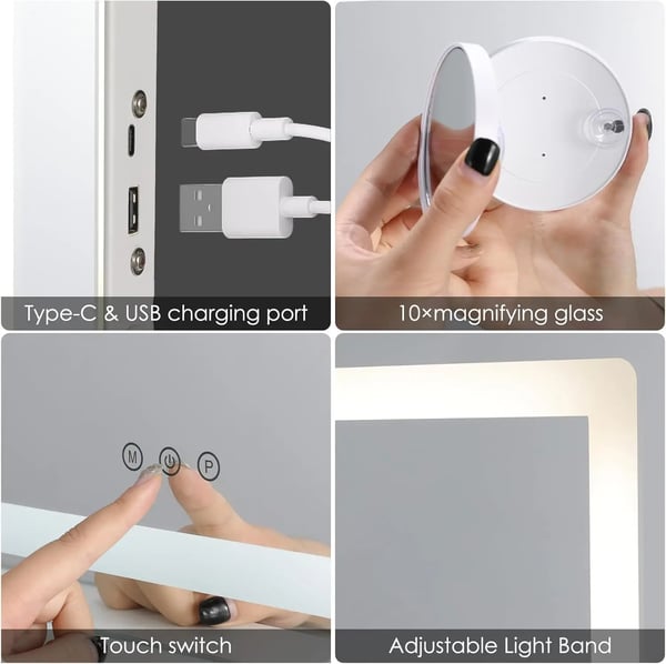 Makeupspejl - Hollywood med lys - 50 x 40 cm - 3 farvetemperaturer - USB & USB‑C - 10x forstørrelsesspejl - Rustfrit stål - Gul