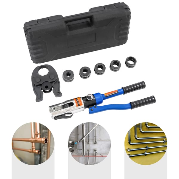 Hydraulisk krimptang til kobberrør - Håndhydraulisk presværktøj - 10 t / 10.000 kg - 5 V-bakker V12–V28 - Stål/Aluminium - Sort