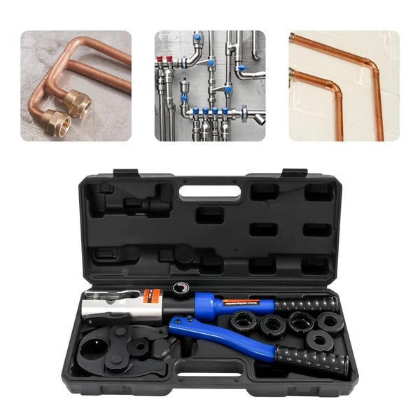 Hydraulisk krimptang til kobberrør - Håndhydraulisk presværktøj - 10 t / 10.000 kg - 5 V-bakker V12–V28 - Stål/Aluminium - Sort