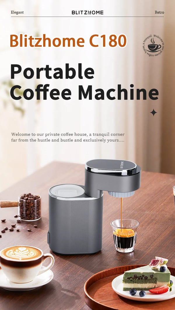 C180 - Bærbar mini kaffemaskine & espressomaskine - 15 bar tryk - Varm/kold brygning - Nem rengøring - 5–10 kopper - EU-stik - Mørkegrå