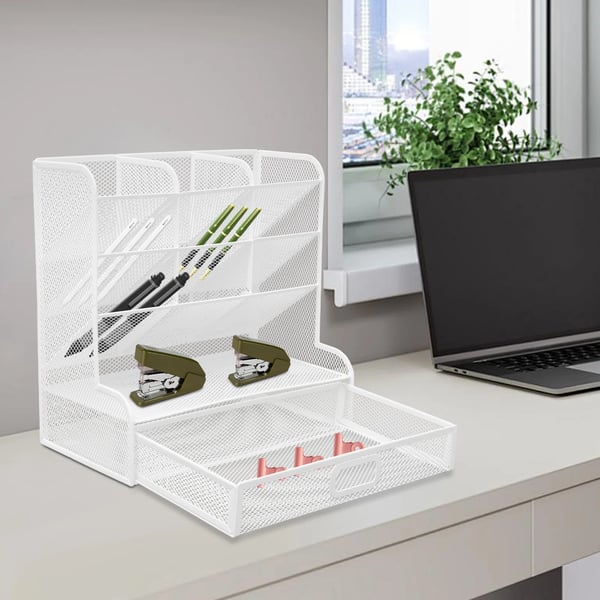 Skrivebordsorganizer - Penneholder med skuffe - 9 rum - Jern - 3–5 kg bæreevne - 27×15×27 cm - Hvid
