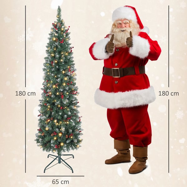 Konstgjord julgran - Smal modell - 2 m - LED med 8 ljuslägen - Kottar och bär - Grönt stativ