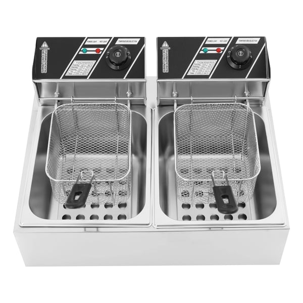 Kommerciel Frituregryde - Elektrisk Dobbeltkar - 12 L Kapacitet - 2,5 kW + 2,5 kW - Rustfrit Stål - Kurv - Stående Låg - Lysegrå