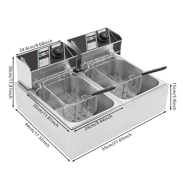 Kommerciel Frituregryde - Elektrisk Dobbeltkar - 12 L Kapacitet - 2,5 kW + 2,5 kW - Rustfrit Stål - Kurv - Stående Låg - Lysegrå