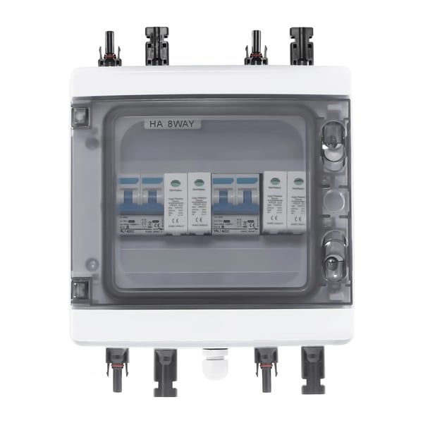 Aurinkosähkö yhdistinkotelo - PV DC Jakorasia - 2 Ketjua - DC 1000V - DC-katkaisija 2P 40A - IP65 IK10 - Ylijännitesuoja 20–40kA 2P