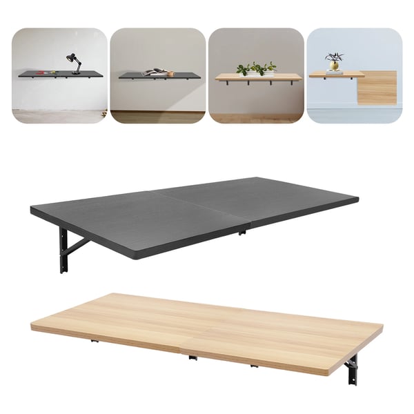 Vægmonteret arbejdsbord - Foldbar 2 stk - Bæreevne 226,8 kg - Træ & stål - Størrelse 60×58×25 cm pr. bord - Sort