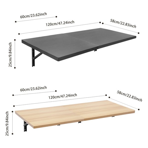 Vægmonteret arbejdsbord - Foldbar 2 stk - Bæreevne 226,8 kg - Træ & stål - Størrelse 60×58×25 cm pr. bord - Sort