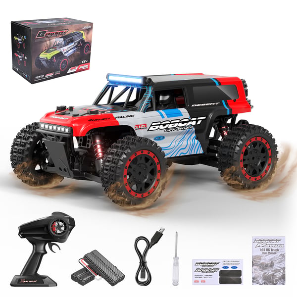 Radio-ohjattava RC-auto - 1:16 4x4 maastoauto - 40 km/h - 2,4 GHz - LED-ajovalot - 2 AAA-paristoa mukana - Punamusta