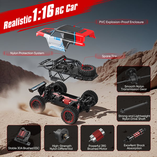 Radio-ohjattava RC-auto - 1:16 4x4 maastoauto - 40 km/h - 2,4 GHz - LED-ajovalot - 2 AAA-paristoa mukana - Punamusta
