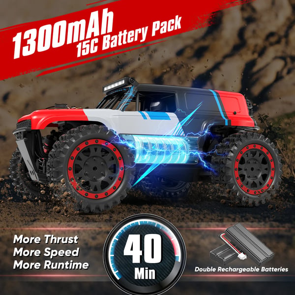 Radio-ohjattava RC-auto - 1:16 4x4 maastoauto - 40 km/h - 2,4 GHz - LED-ajovalot - 2 AAA-paristoa mukana - Punamusta
