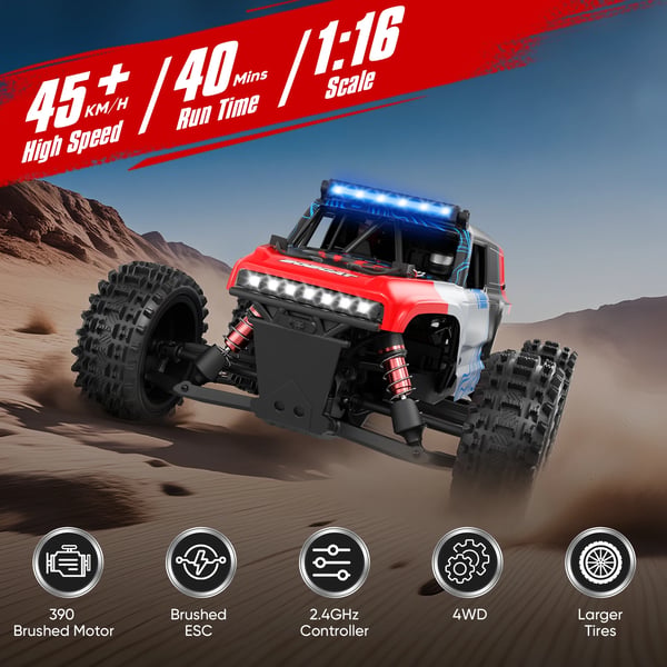 Radio-ohjattava RC-auto - 1:16 4x4 maastoauto - 40 km/h - 2,4 GHz - LED-ajovalot - 2 AAA-paristoa mukana - Punamusta