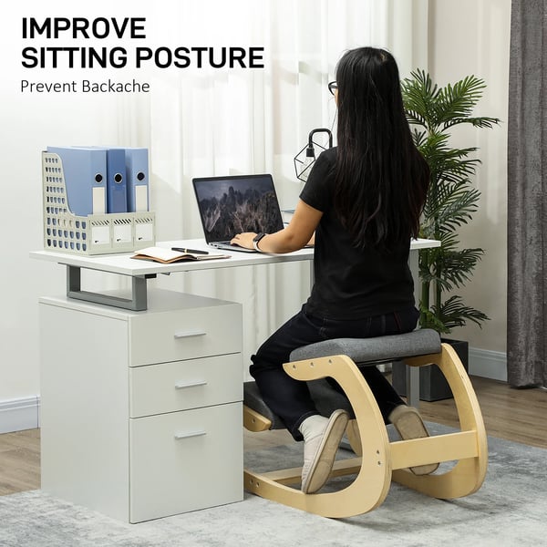 Ergonomisk knästol - Kontorsstol - Träram - Vadderad dyna - 55×85×55 cm - Grå